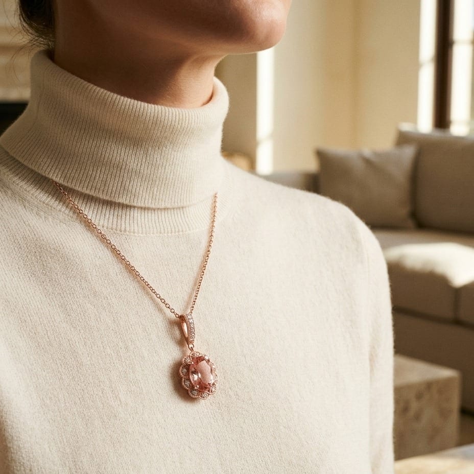 Oval Pink Tourmaline & Diamond Halo Pendant in 14K Rose Gold - lifestyle