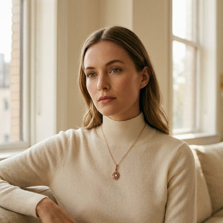 Oval Pink Tourmaline & Diamond Halo Pendant in 14K Rose Gold - on model