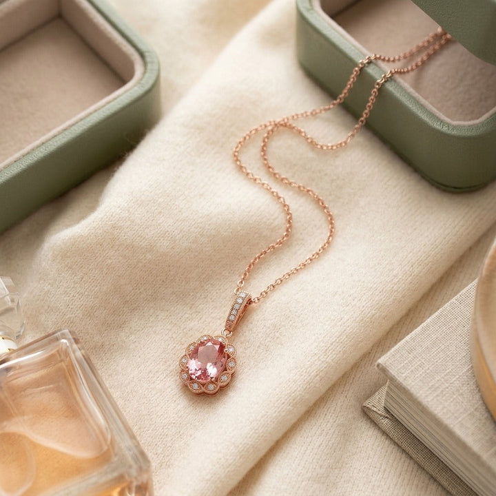 Oval Pink Tourmaline & Diamond Halo Pendant in 14K Rose Gold - flat lay