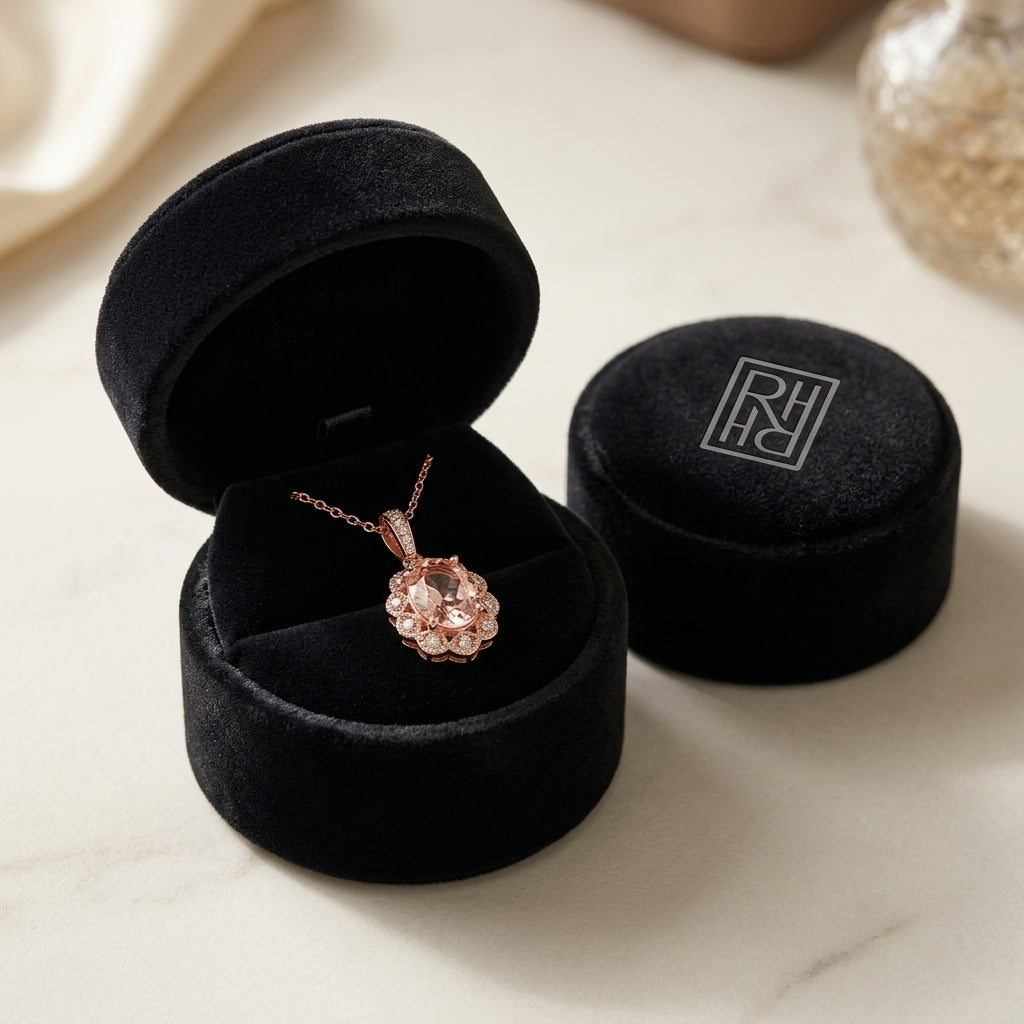 Oval Pink Tourmaline And Diamond Halo Pendant in 14K Yellow Gold (8x6mm), in navy velvet jewelry box