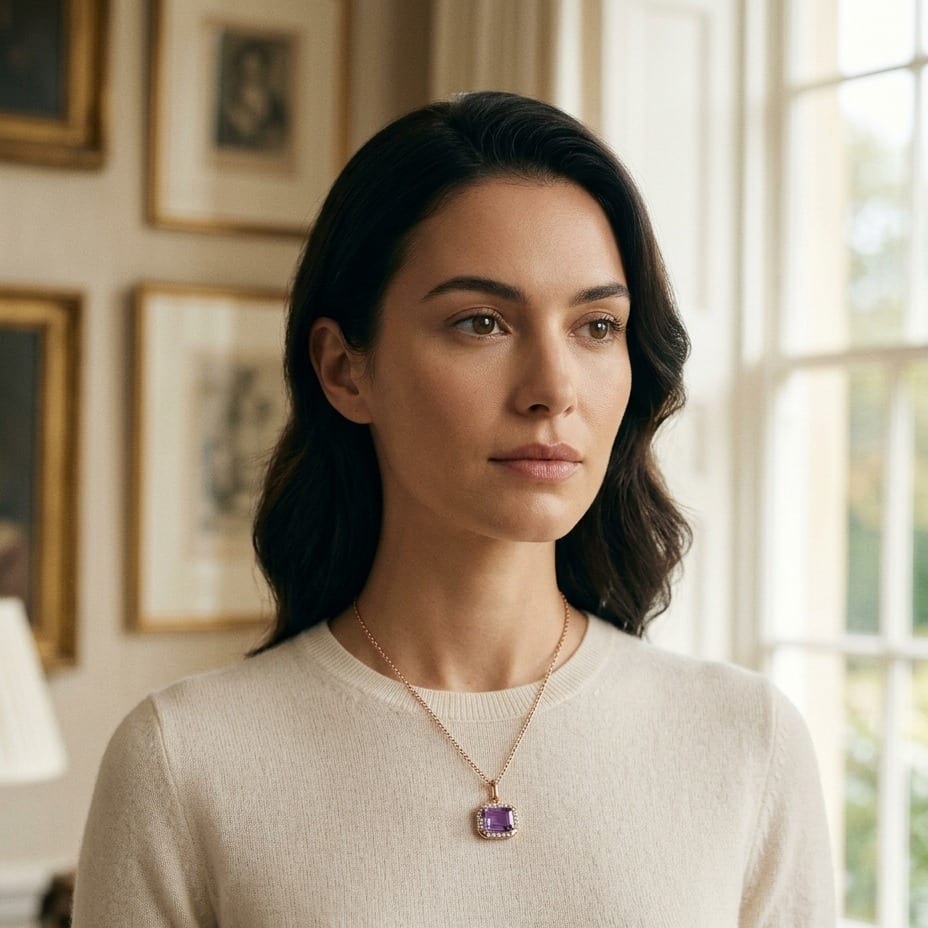Amethyst Octagon East-West Pendant with Pave & High Polish Frame in 14K Rose Gold - on model