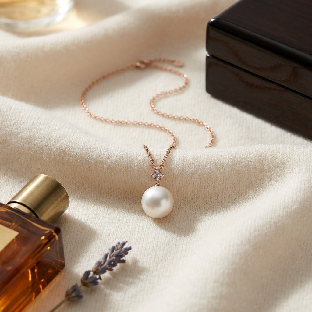Freshwater Pearl & Diamond Pendant with Pave Bail 16-18 Inch Chain in 14K Rose Gold - flat lay