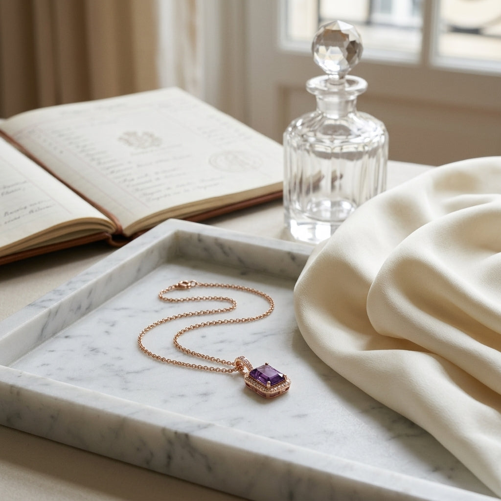 Amethyst & Diamond Bezel Pendant with Micro-Prong Frame & High Polish Tapered Bail in 14K Rose Gold - editorial