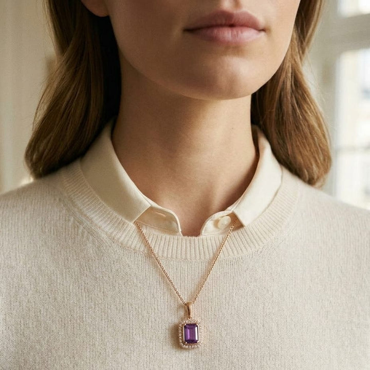 Amethyst & Diamond Bezel Pendant with Micro-Prong Frame & High Polish Tapered Bail in 14K Rose Gold - lifestyle