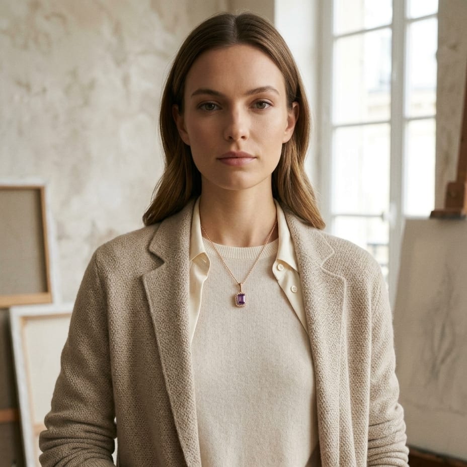 Amethyst & Diamond Bezel Pendant with Micro-Prong Frame & High Polish Tapered Bail in 14K Rose Gold - on model