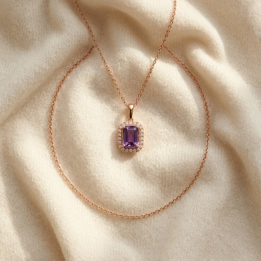 Amethyst & Diamond Bezel Pendant with Micro-Prong Frame & High Polish Tapered Bail in 14K Rose Gold - flat lay