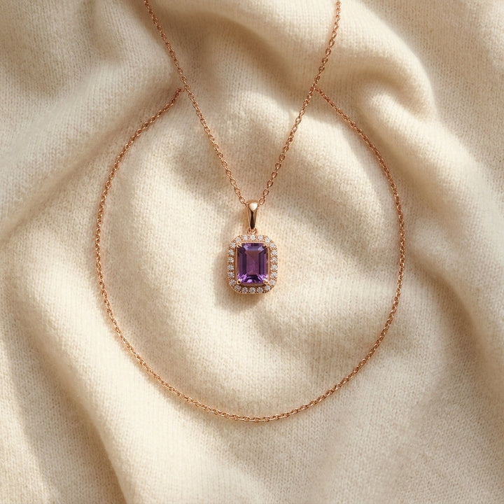 Amethyst & Diamond Bezel Pendant with Micro-Prong Frame & High Polish Tapered Bail in 14K Rose Gold - flat lay