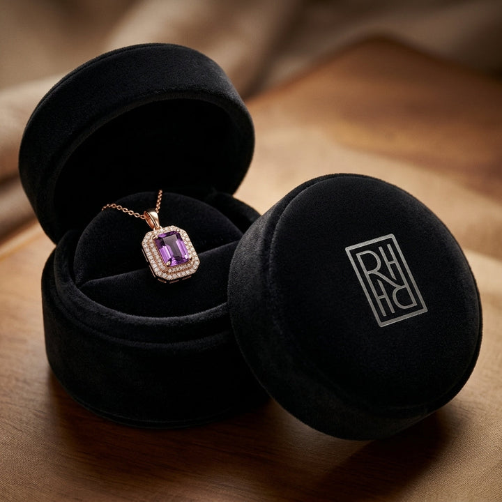 Amethyst & Diamond Bezel Pendant with Micro-Prong Frame & High Polish Tapered Bail in 14K Rose Gold - presentation