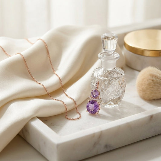 Amethyst & Diamond Round Stacked Duo Pendant in 14K Rose Gold - editorial