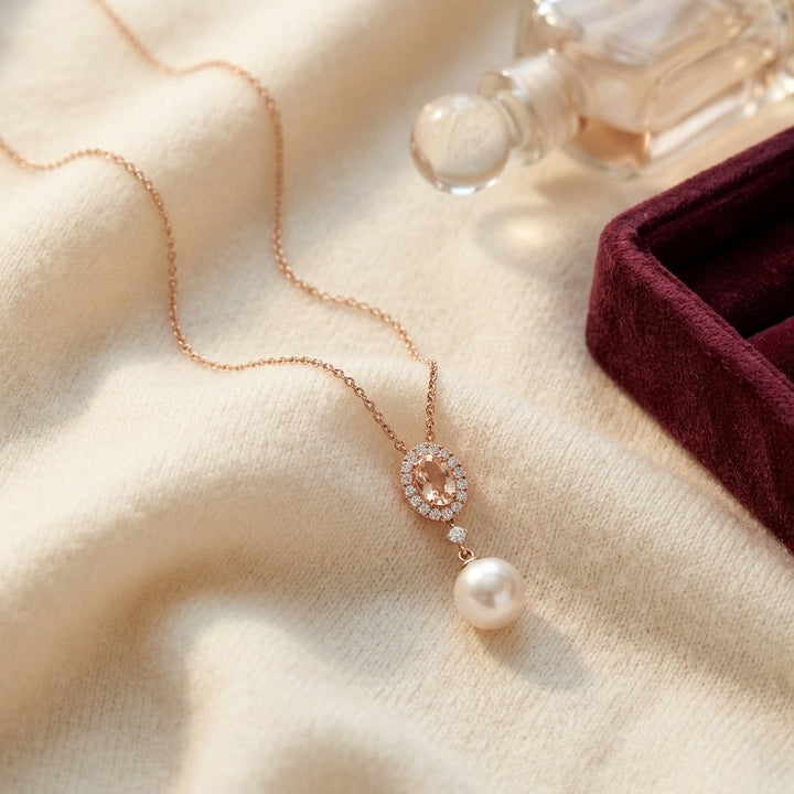 Pink Pearl, Morganite & Diamond Pendant in 14K Rose Gold - flat lay