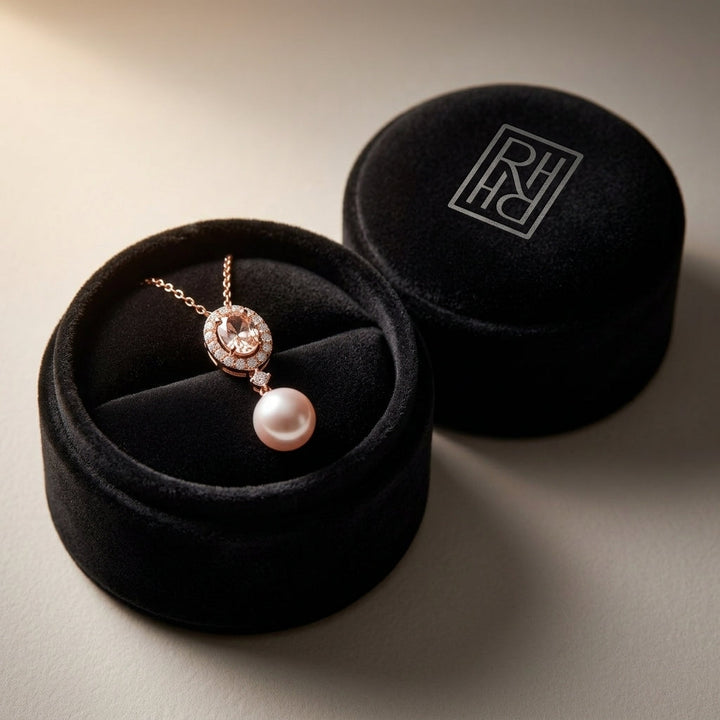 Pink Pearl, Morganite & Diamond Pendant in 14K Rose Gold - presentation