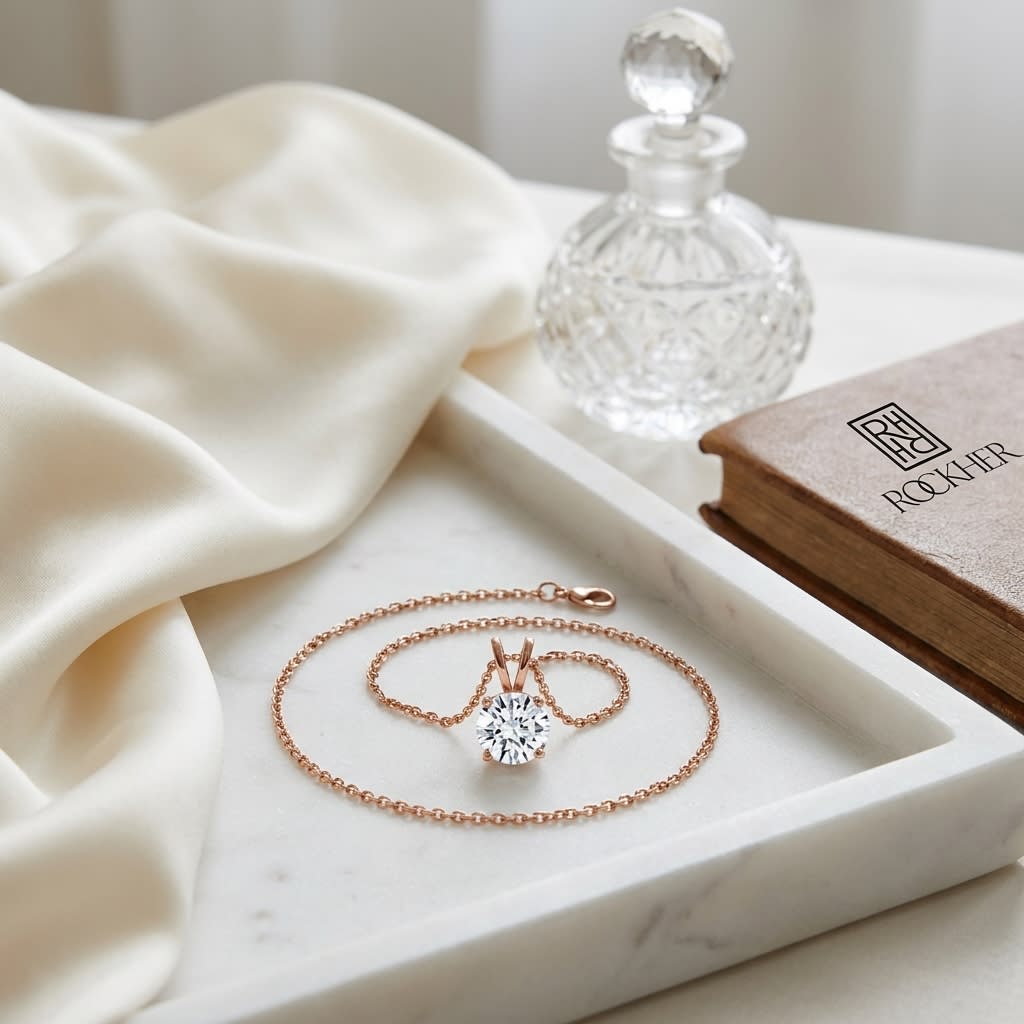 Natural Diamond Round Brilliant Solitaire Pendant in 14K Rose Gold, 4 ct. t.w., on marble vanity tray with silk