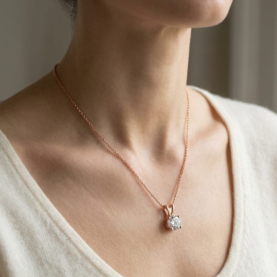 Natural Diamond Round Brilliant Solitaire Pendant in 14K Rose Gold, 4 ct. t.w., worn close-up portrait
