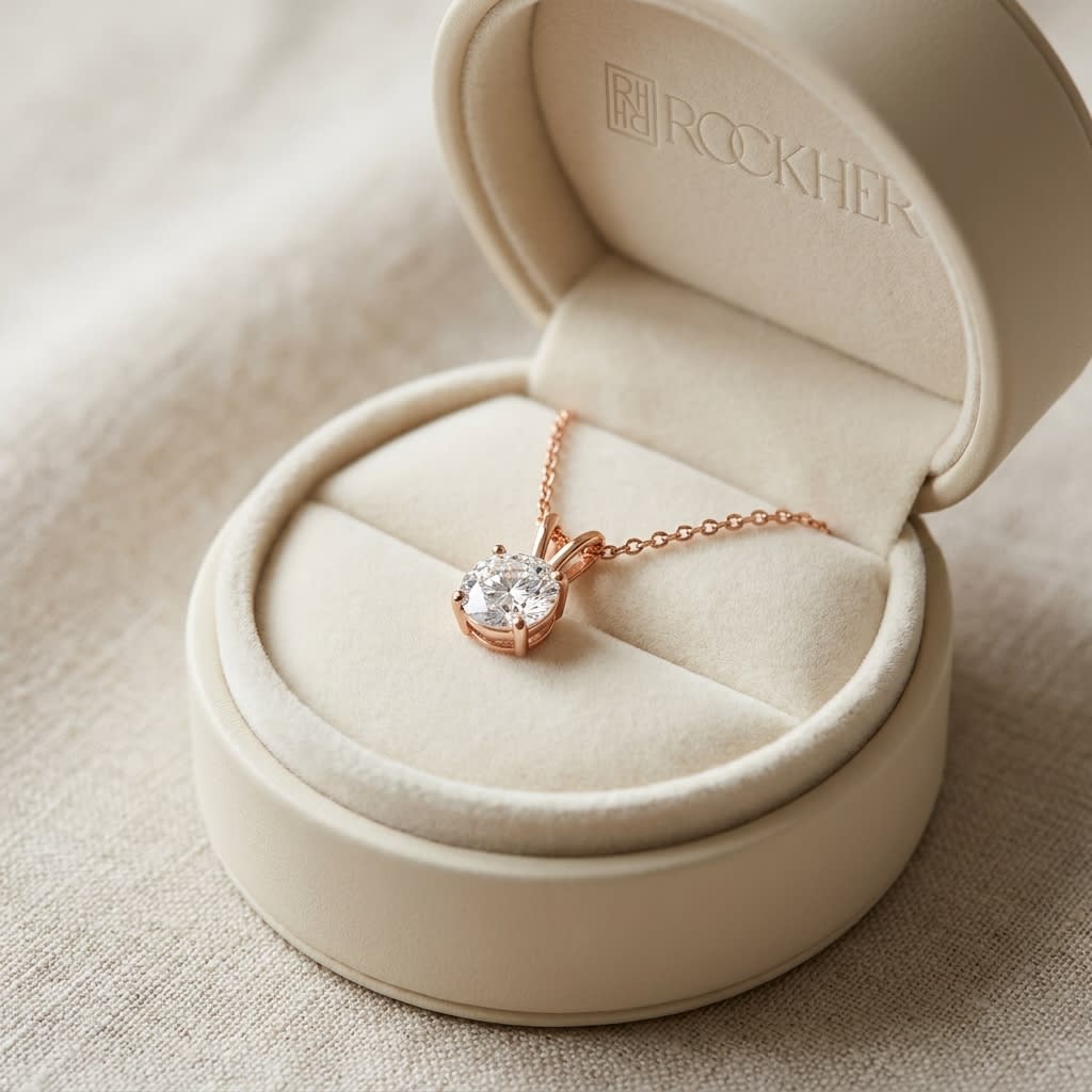 Natural Diamond Round Brilliant Solitaire Pendant in 14K Rose Gold, 4 ct. t.w., in navy velvet jewelry box