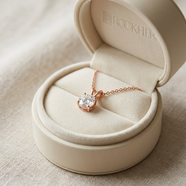 Natural Diamond Round Brilliant Solitaire Pendant in 14K Rose Gold, 4 ct. t.w., in navy velvet jewelry box