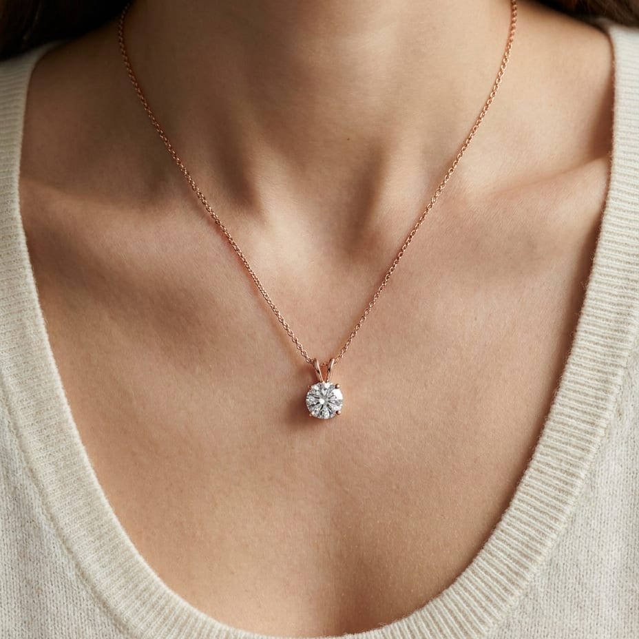 Natural Diamond Round Brilliant Solitaire Pendant in 14K Rose Gold, 2 ct. t.w., worn close-up portrait