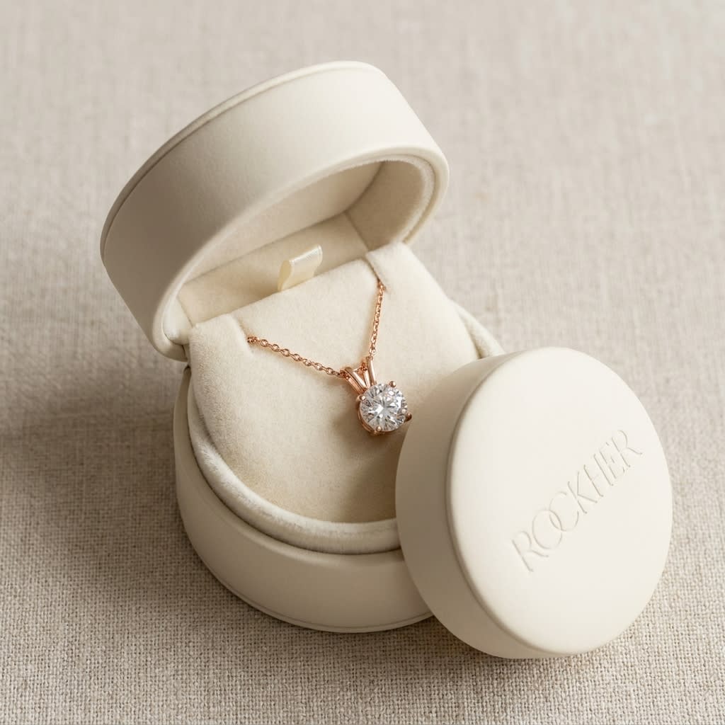 Natural Diamond Round Brilliant Solitaire Pendant in 14K Rose Gold, 2 ct. t.w., in navy velvet jewelry box