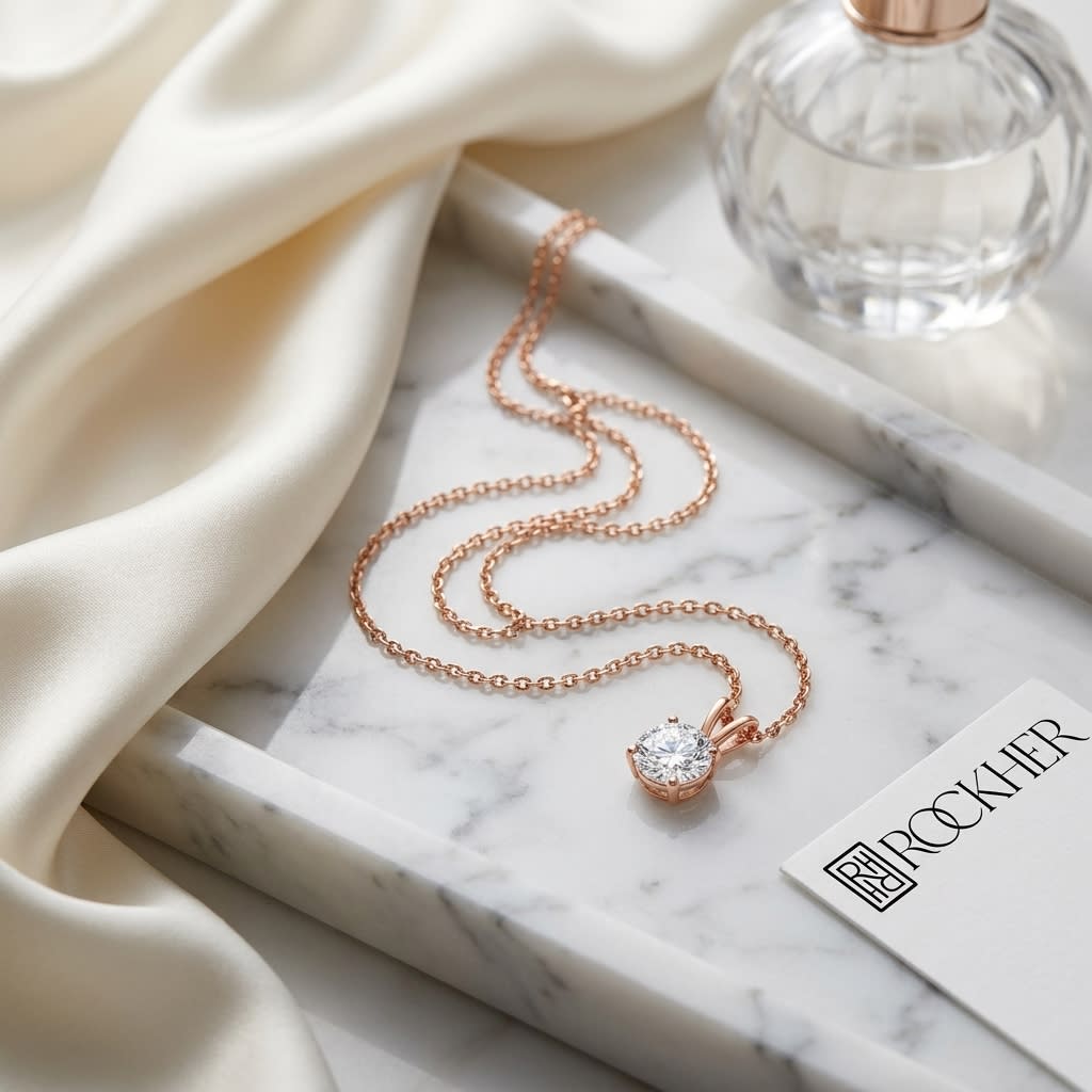 Natural Diamond Round Brilliant Solitaire Pendant in 14K Rose Gold, 8 ct. t.w., on marble vanity tray with silk