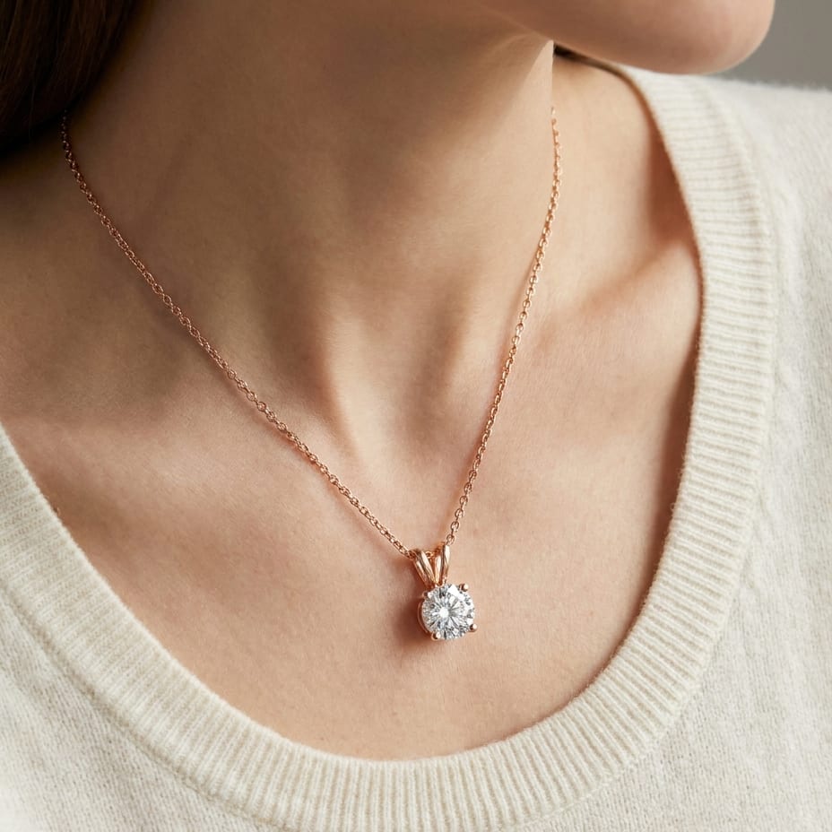 Natural Diamond Round Brilliant Solitaire Pendant in 14K Rose Gold, 8 ct. t.w., worn close-up portrait
