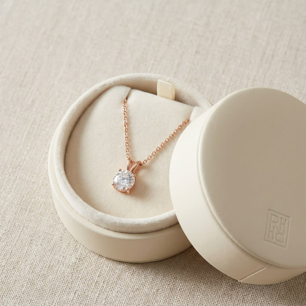 Natural Diamond Round Brilliant Solitaire Pendant in 14K Rose Gold, 8 ct. t.w., in navy velvet jewelry box