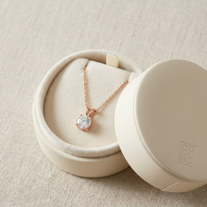 Natural Diamond Round Brilliant Solitaire Pendant in 14K Rose Gold, 8 ct. t.w., in navy velvet jewelry box