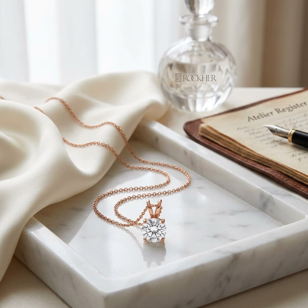 Natural Diamond Round Brilliant Solitaire Pendant in 14K Rose Gold, 1 ct. t.w., on marble vanity tray with silk