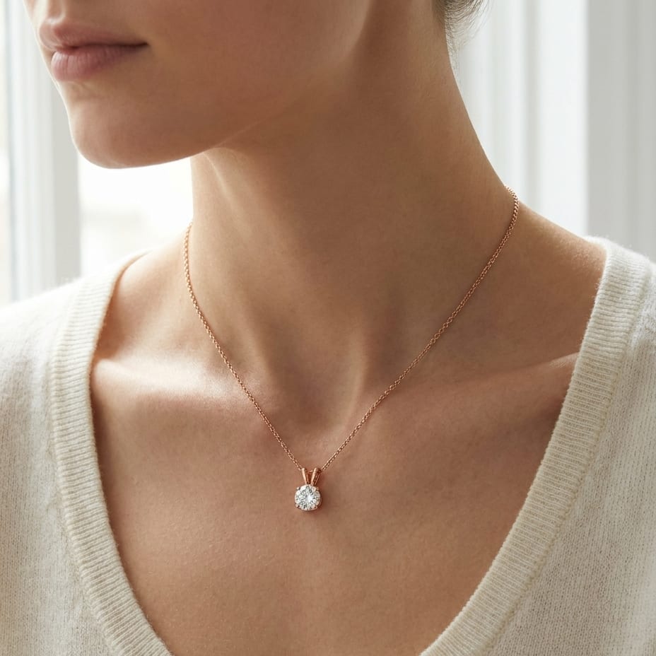 Natural Diamond Round Brilliant Solitaire Pendant in 14K Rose Gold, 1 ct. t.w., worn close-up portrait