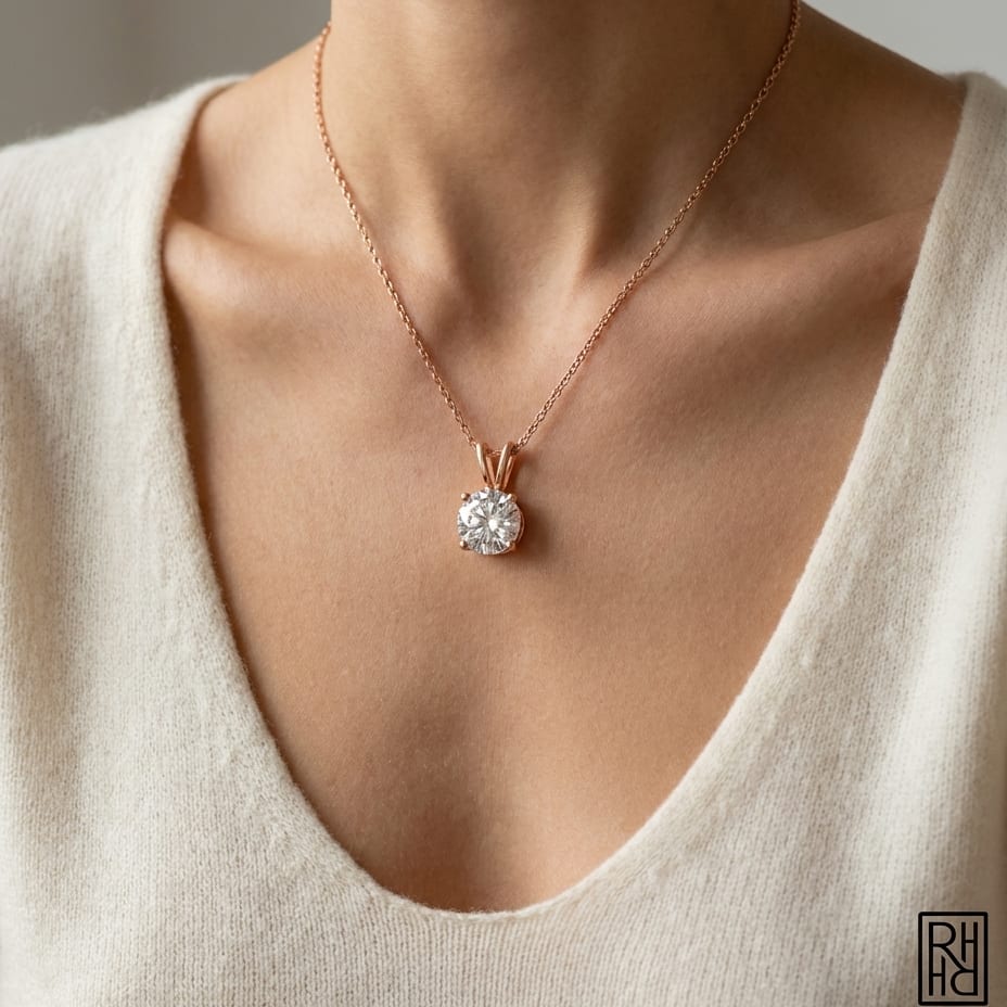 Natural Diamond Round Brilliant Solitaire Pendant in 14K Rose Gold, 2 ct. t.w., worn close-up portrait