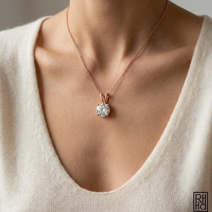 Natural Diamond Round Brilliant Solitaire Pendant in 14K Rose Gold, 2 ct. t.w., worn close-up portrait