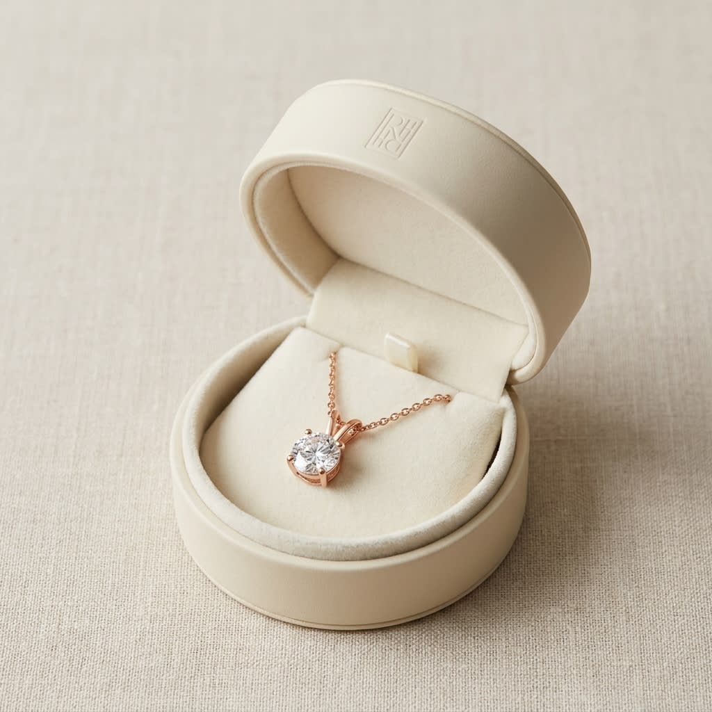 Natural Diamond Round Brilliant Solitaire Pendant in 14K Rose Gold, 2 ct. t.w., in navy velvet jewelry box