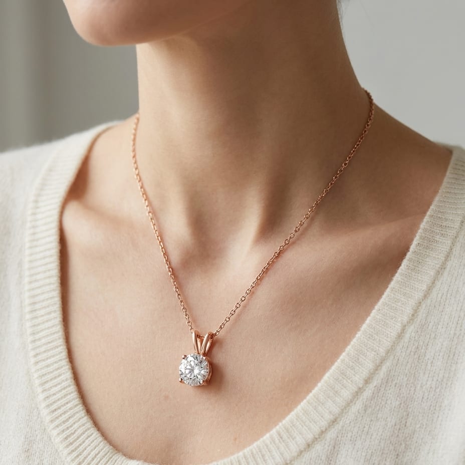 Natural Diamond Round Brilliant Solitaire Pendant in 14K Rose Gold, 4 ct. t.w., worn close-up portrait