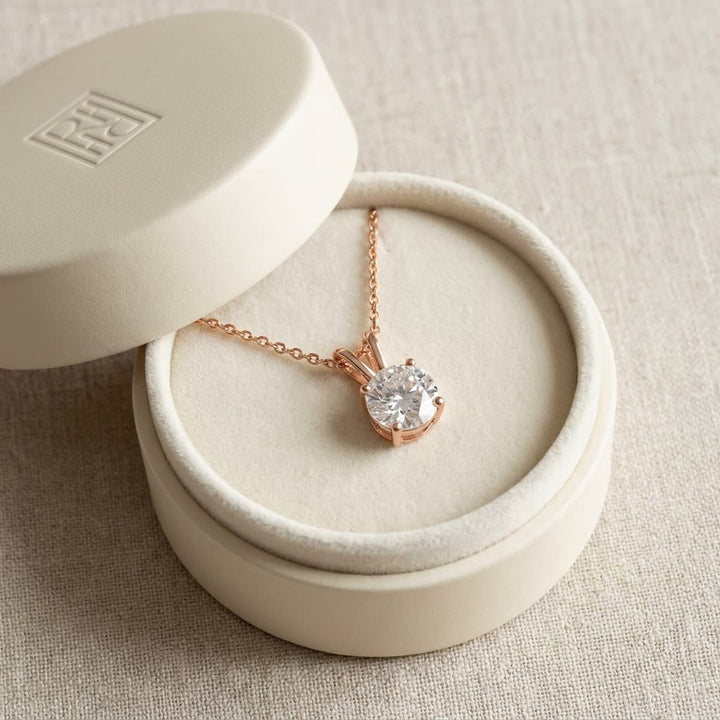 Natural Diamond Round Brilliant Solitaire Pendant in 14K Rose Gold, 4 ct. t.w., in navy velvet jewelry box