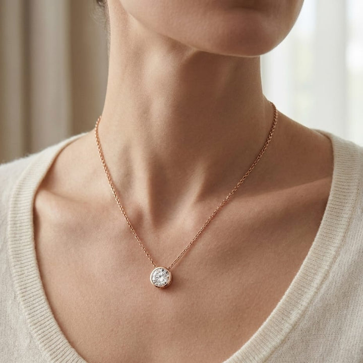 Natural Diamond Round Brilliant Solitaire Pendant in 14K Rose Gold, 4 ct. t.w., worn close-up portrait
