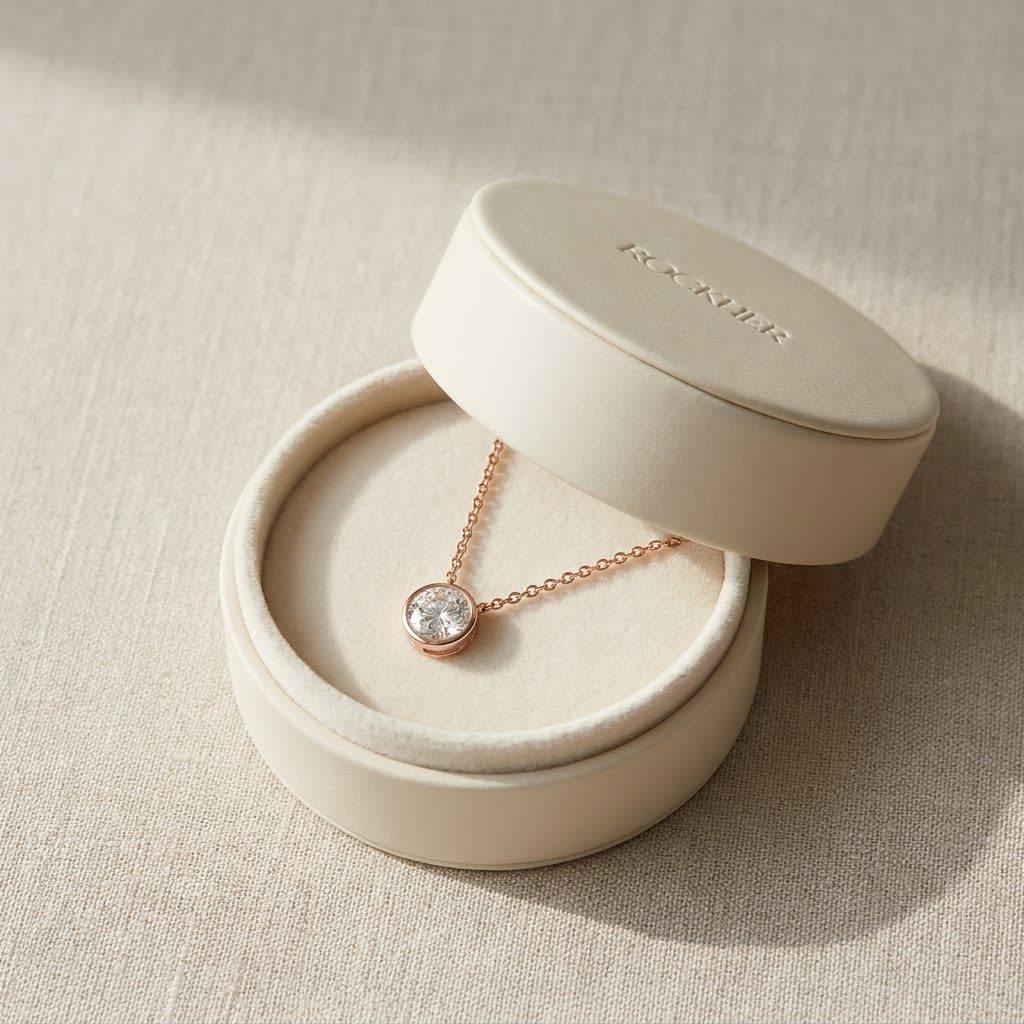 Natural Diamond Round Brilliant Solitaire Pendant in 14K Rose Gold, 4 ct. t.w., in navy velvet jewelry box
