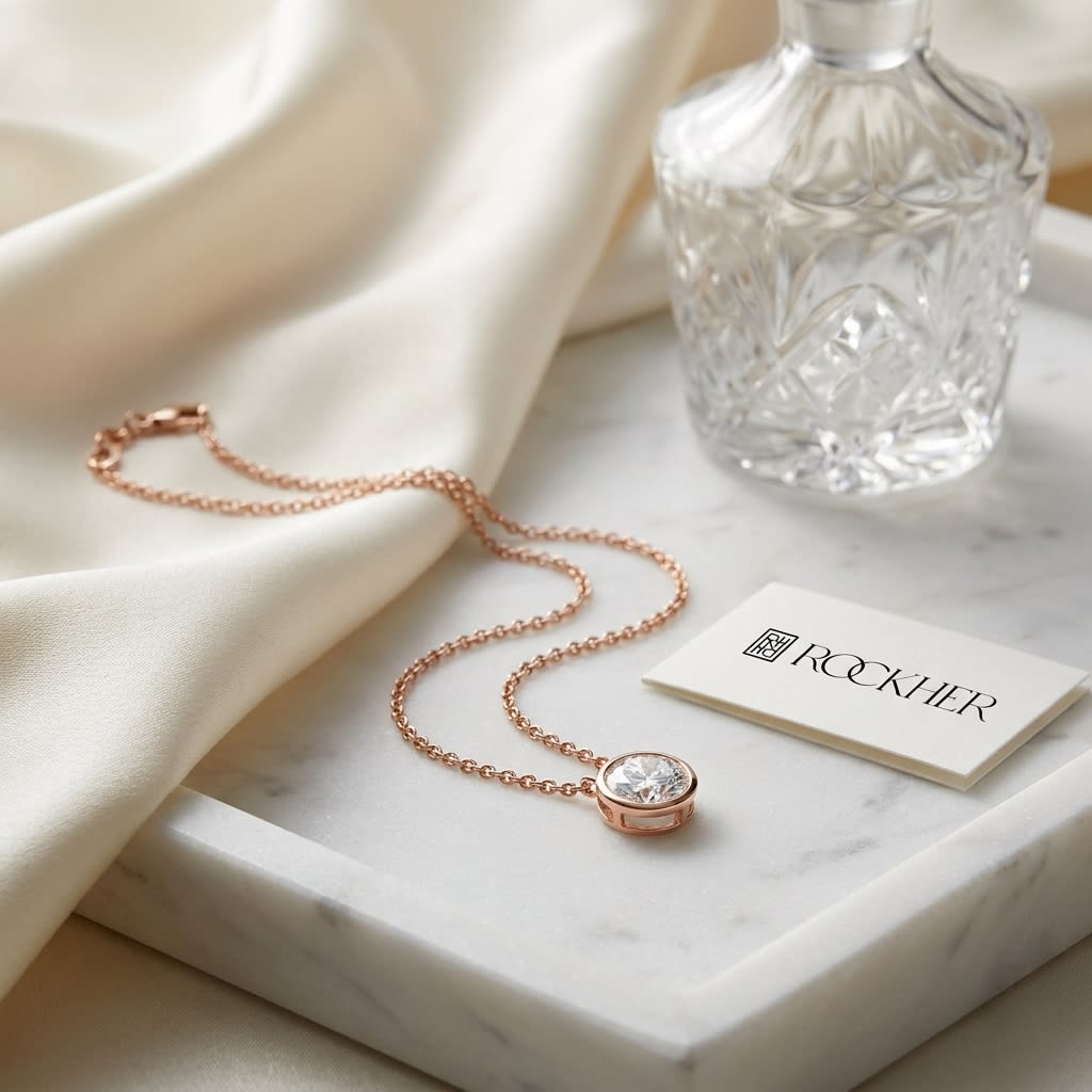 Natural Diamond Round Brilliant Solitaire Pendant in 14K Rose Gold, 2 ct. t.w., on marble vanity tray with silk