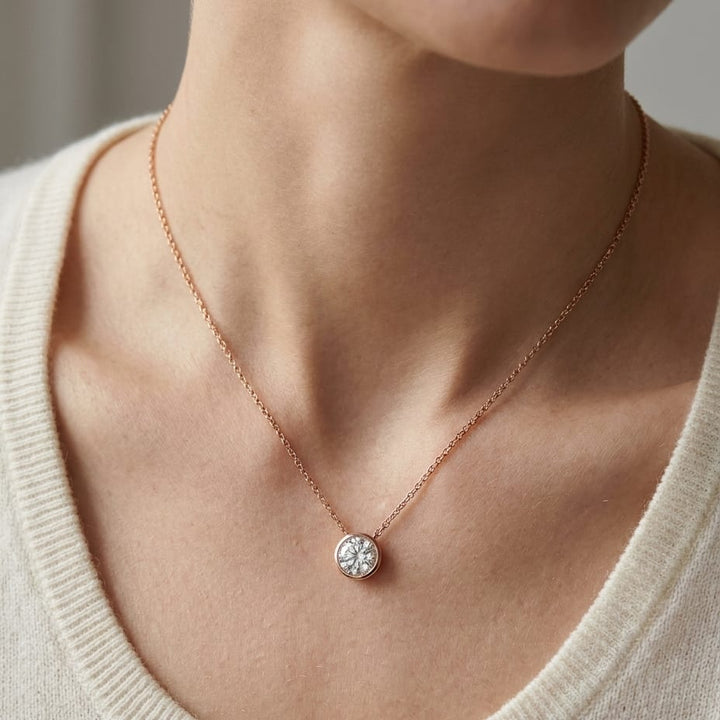Natural Diamond Round Brilliant Solitaire Pendant in 14K Rose Gold, 2 ct. t.w., worn close-up portrait