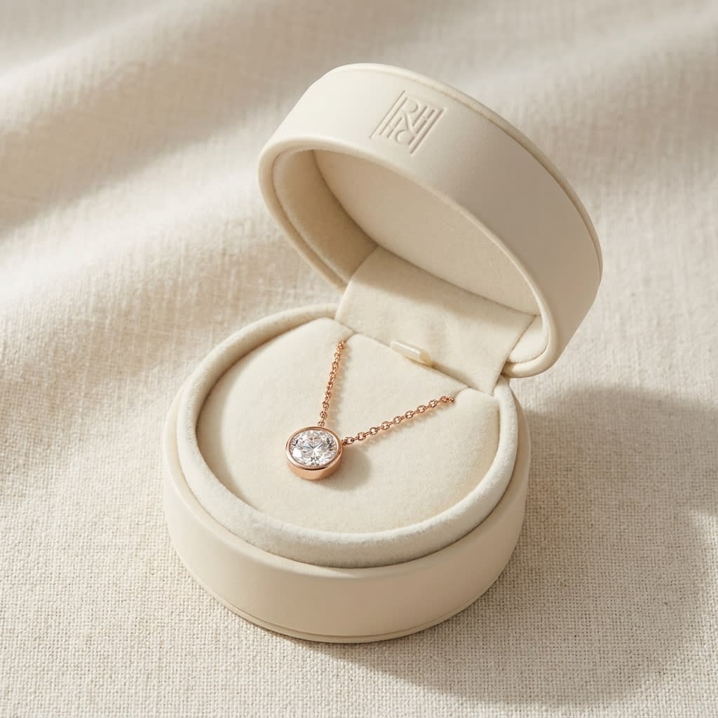 Natural Diamond Round Brilliant Solitaire Pendant in 14K Rose Gold, 2 ct. t.w., in navy velvet jewelry box