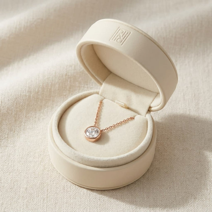 Natural Diamond Round Brilliant Solitaire Pendant in 14K Rose Gold, 2 ct. t.w., in navy velvet jewelry box