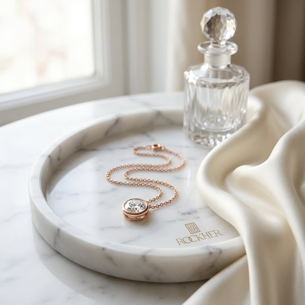 Natural Diamond Round Brilliant Solitaire Pendant in 14K Rose Gold, 4 ct. t.w., on marble vanity tray with silk