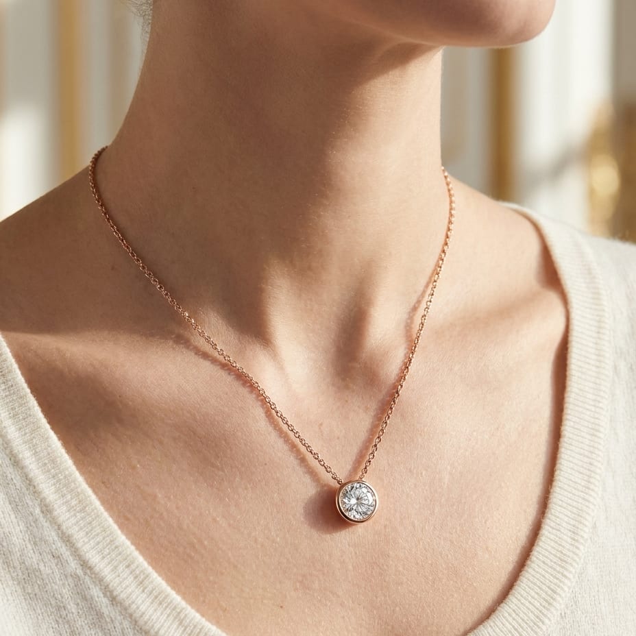 Natural Diamond Round Brilliant Solitaire Pendant in 14K Rose Gold, 4 ct. t.w., worn close-up portrait