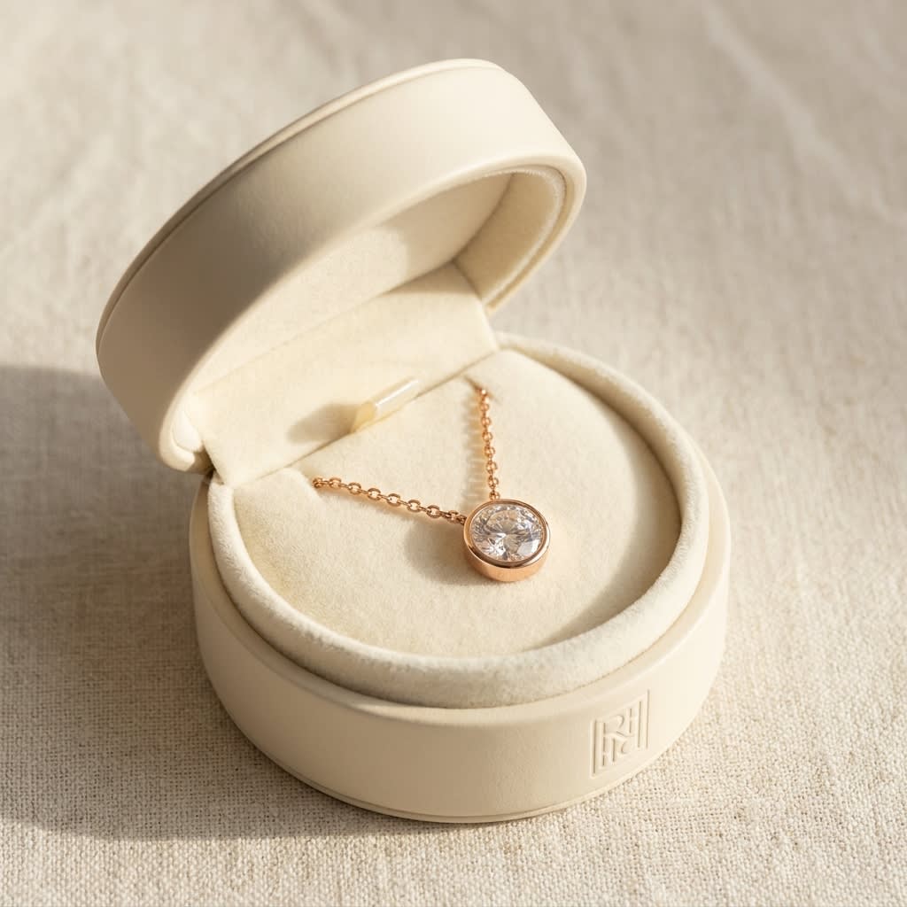 Natural Diamond Round Brilliant Solitaire Pendant in 14K Rose Gold, 4 ct. t.w., in navy velvet jewelry box