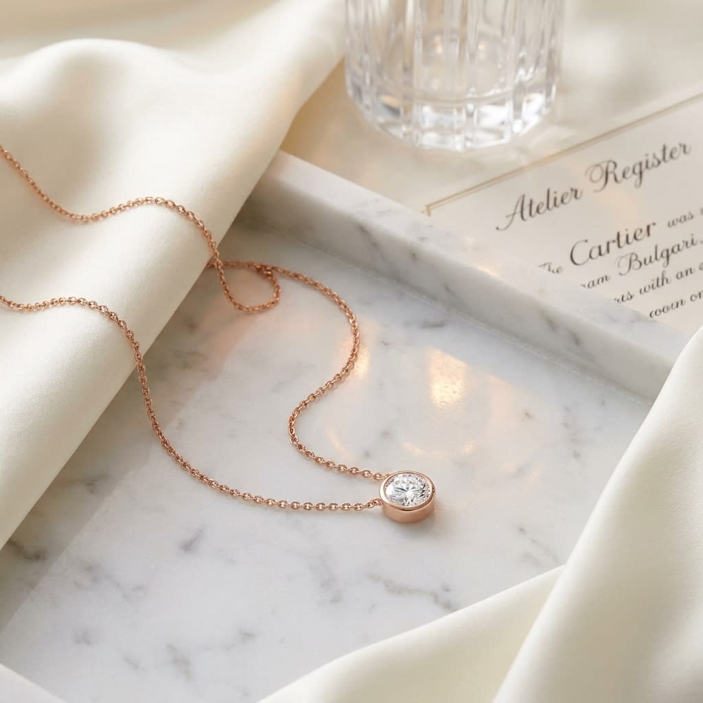Natural Diamond Round Brilliant Solitaire Pendant in 14K Rose Gold, 8 ct. t.w., on marble vanity tray with silk