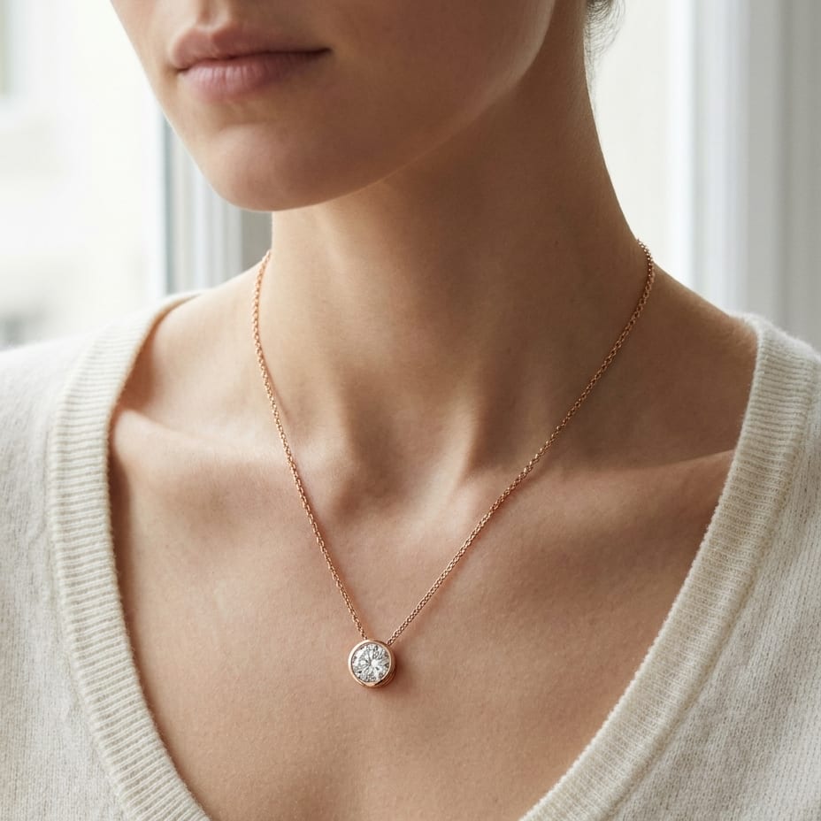 Natural Diamond Round Brilliant Solitaire Pendant in 14K Rose Gold, 8 ct. t.w., worn close-up portrait
