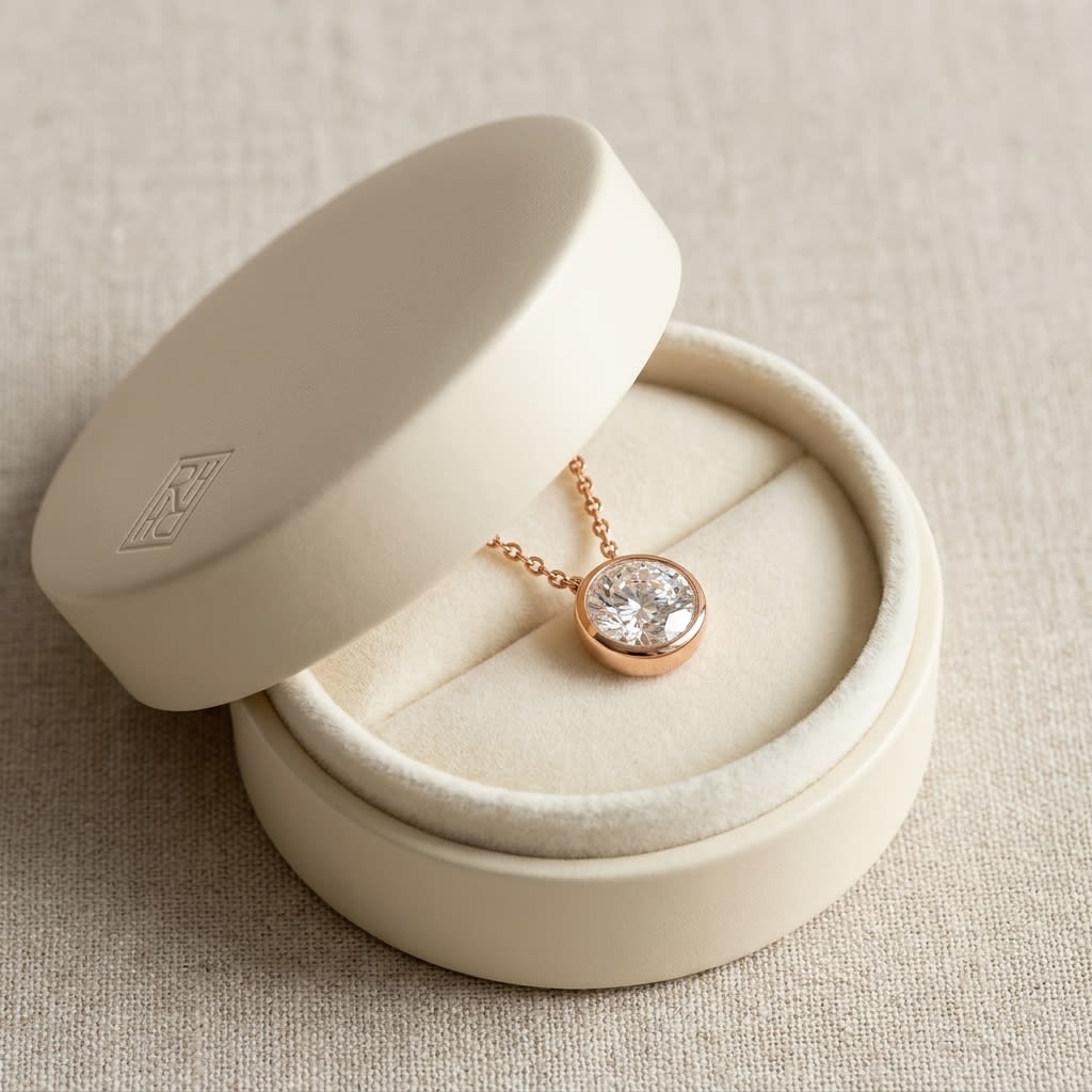 Natural Diamond Round Brilliant Solitaire Pendant in 14K Rose Gold, 8 ct. t.w., in navy velvet jewelry box