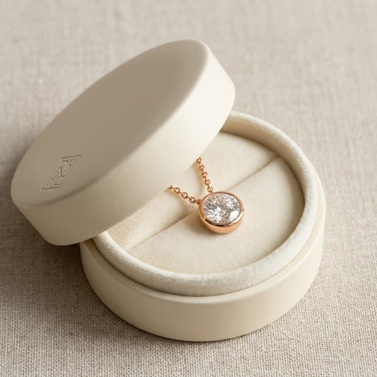 Natural Diamond Round Brilliant Solitaire Pendant in 14K Rose Gold, 8 ct. t.w., in navy velvet jewelry box