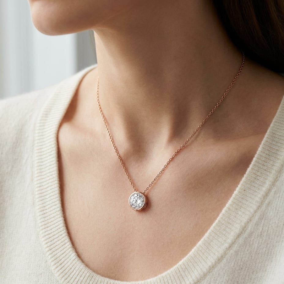 Natural Diamond Round Brilliant Solitaire Pendant in 14K Rose Gold, 1 ct. t.w., worn close-up portrait