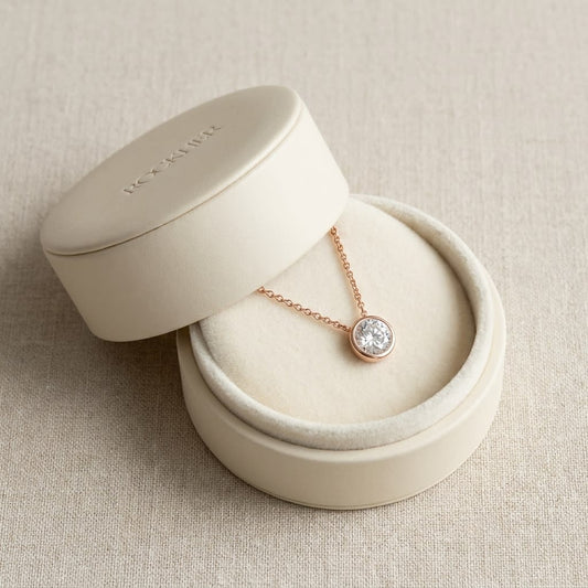 Natural Diamond Round Brilliant Solitaire Pendant in 14K Rose Gold, 1 ct. t.w., in navy velvet jewelry box