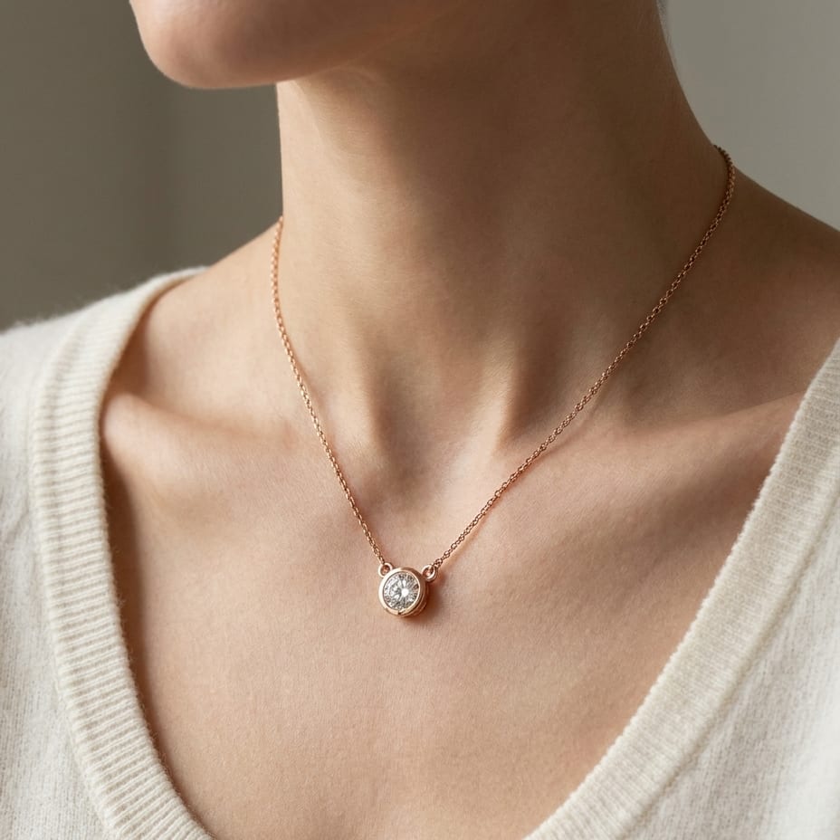 Natural Diamond Round Brilliant Solitaire Pendant in 14K Rose Gold, 4 ct. t.w., worn close-up portrait