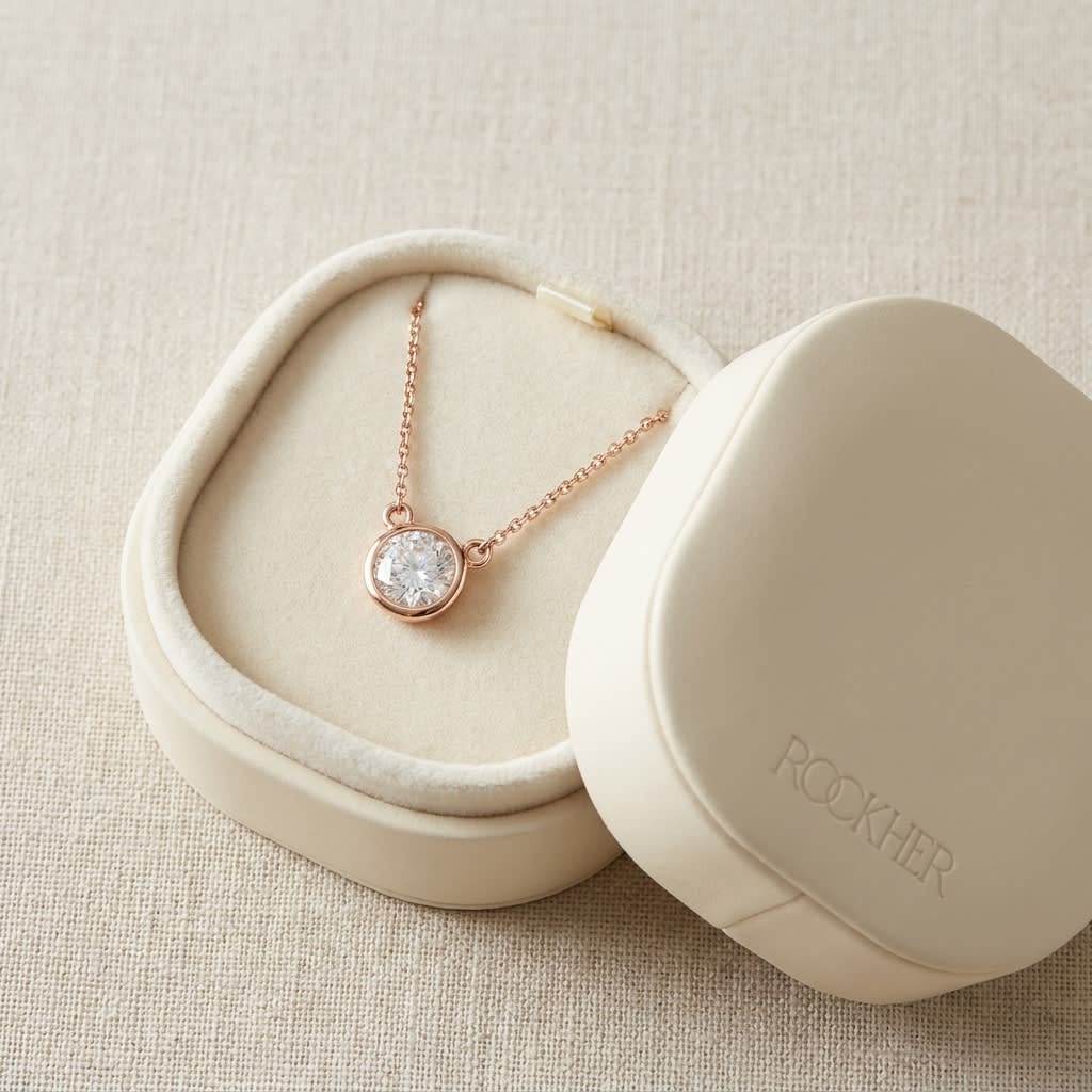 Natural Diamond Round Brilliant Solitaire Pendant in 14K Rose Gold, 4 ct. t.w., in navy velvet jewelry box