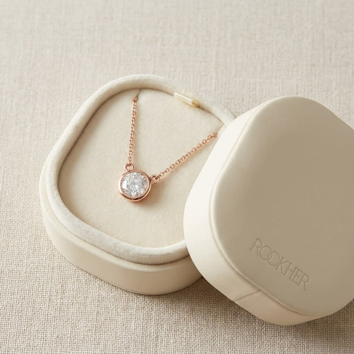 Natural Diamond Round Brilliant Solitaire Pendant in 14K Rose Gold, 4 ct. t.w., in navy velvet jewelry box